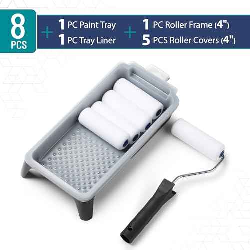 Bates- 4 Inch Foam Paint Roller Set, 8 pcs, Small Paint Roller Kit, 1x Black Plastic Paint Tray, 1x Tray Liner, 1x Roller Frame & 5X Foam Covers
