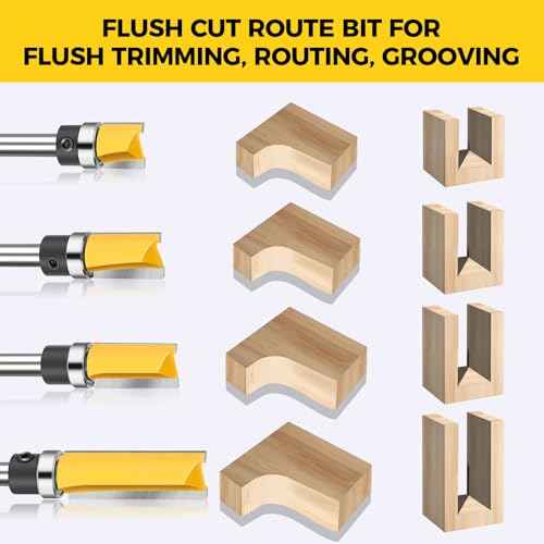 Junreox 4PCS Flush Trim Route Bit 1/4 Shank, Premium Pattern Flush Cut Route Bit with Bearing to Prevent Tear-Out, Straight Cut Carbide Tipped Template Router Bit for Woodworking, Milling, Trimming