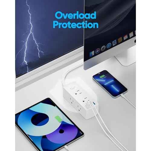 Power Strip Surge Protector, Olcorife Ultra Thin Flat Plug Extension Cord 5ft, 6 Outlets 3 USB Ports(1 USB C), 3 Sided Outlet Extender for Home Office Travel Dorm Room Essentials, White