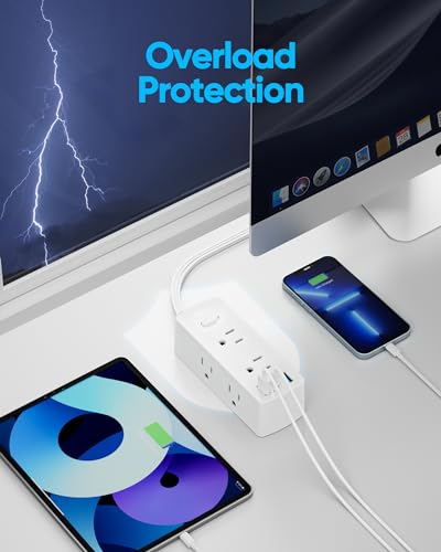 Olcorife 5FT Flat Plug Power Strip with 6 Outlets & 3 USB Ports - White, 5FT Extension Cord, 3-Sided Design