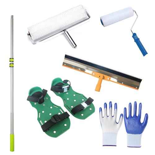 Self Leveling Cement Tool Kit - Epoxy Floor Kit, Self Leveling Rake, Spike Roller for Self-Leveling, Spike Shoes for Epoxy Flooring, Floor Leveling Tools, Garage Floor Epoxy Kit, Telescopic Pole