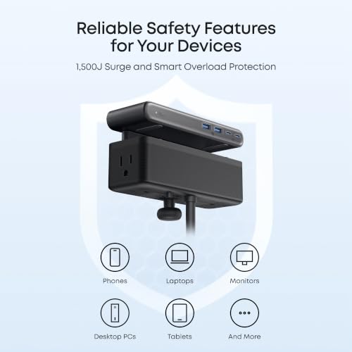 Anker Nano Power Strip Black with Clamp, 70W USB-C Fast Charging & Surge Protection