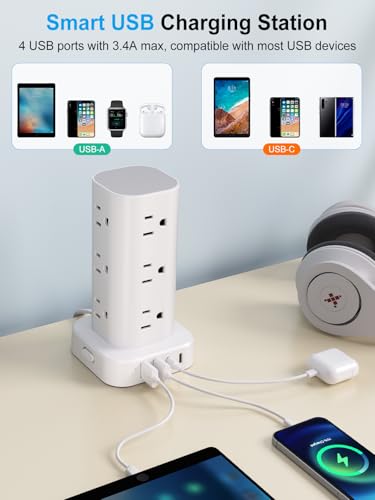 UWIWUTEI 6FT Power Strip Tower Surge Protector with 12 Outlets & 4 USB Ports - White, No Wireless Charging