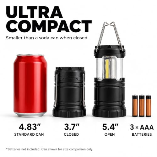 2 Pack Small Camping LED Lanterns - 300 Lumens, Battery Operated, Collapsible Tent Lights for Camping, Emergency, Power Outages