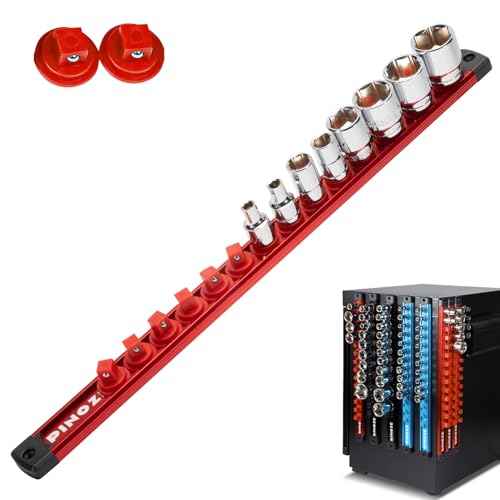 3/8" Magnetic Socket Holder Organizer - Aluminum Alloy Socket Rail Tray for Tool Box Drawer, Socket Rack with Extra 2Pcs Replacement Clips for Automotive Garage(Red)