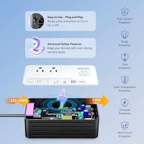 HYTED Black 1600W Travel Voltage Converter 220V to 110V for US Appliances