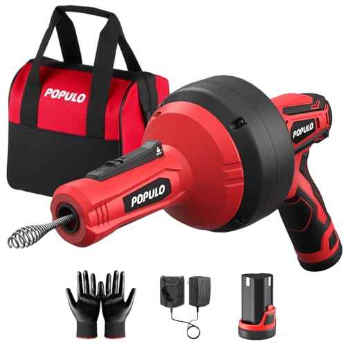 POPULO 12V Cordless Electric Drain Auger, Auto Feed Plumbing Snake Clog Remover for Unclog Sink Drain 3/4"-2" Pipe, Snake Hair Drain Clog Remover Cleaner Tools for Shower, Bathtub, Kitchen, Sink