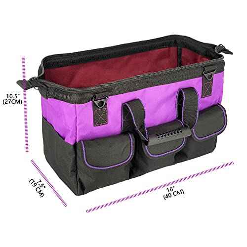 16-inch for women purple Tool Bag Non-slip feet adjustable shoulder strap 14 functional insert pockets,large capacity Men's heavy-duty toolbox,for electricians, carpentry,gardening (Purple)