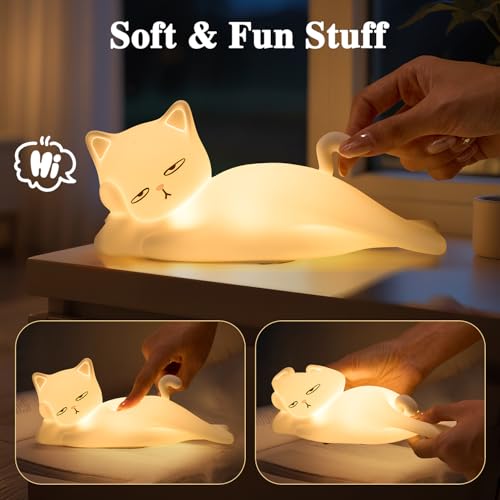 Mubarek Lying Cat Night Light - 16 Colors, 5 Dimming Touch & Remote, Rechargeable Silicone Cat Lamp, Cute Funny Gift for Kids & Adults
