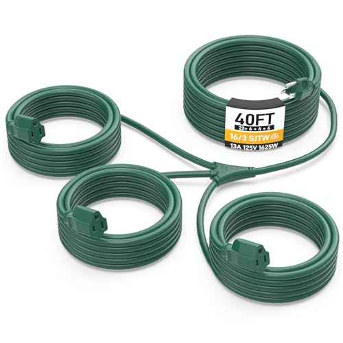 40FT Outdoor Green Extension Cord with Multiple Outlets, Evenly Spaced 3 Outlets, Light Duty 16/3 SJTW Cable with Grounded Plugs, 13AMP 1625W 125V 16AWG, ETL Listed