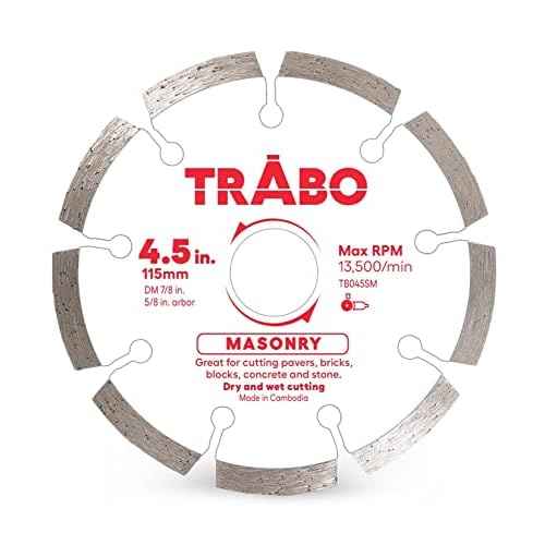 Trabo 4.5 Inch Masonry Segmented Rim Diamond Bond Blade for Cutting Cement, Pavers, Concrete with Rebar, Natural Stone and More, with 7/8 Inch Arbor with 5/8 Inch Reducer Ring