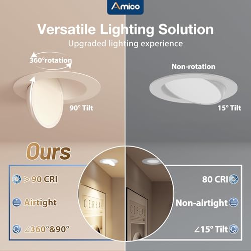 Amico 12 Pack 6 Inch White Gimbal LED Recessed Ceiling Light - 5 CCT Adjustable