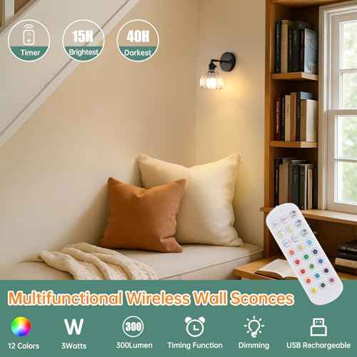Vintage Battery Operated Wall Sconce with Cute Transparent Tulip Glass Lampshade Wireless Rechargeable Battery Powered Black Wall Light with Remote Control for Bedside Bedroom Doorway