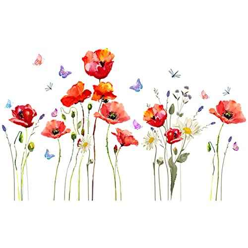 Red Poppy Flower Wall Decal Watercolor Floral and Butterfly Wall Stickers 43.3x27.5inch Removable Self-Adhesive Vinyl Wall Clings for Living Room Bedroom Sofa TV Background Wall Art Decor