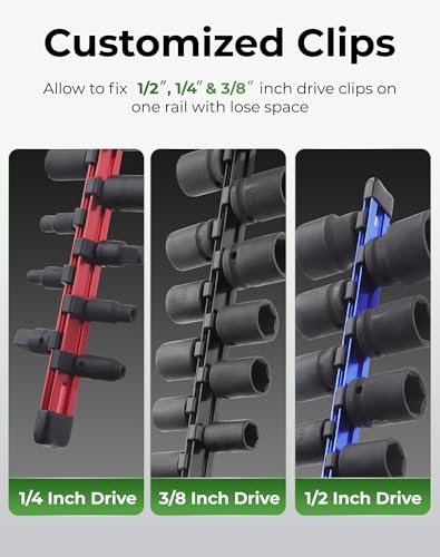 ALOANES 1/2-Inch Drive Heavy-Duty Aluminum Socket Organizer with 16 Clips (Red)