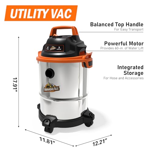 Armor All 4-Gallon Stainless Steel Wet/Dry Vacuum, 3 Peak HP, Portable Orange