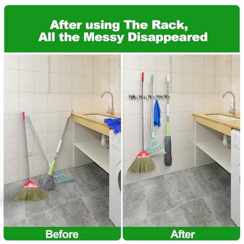 voze [2 Pack] 5 Racks and 4 Hooks Mop and Broom Holder Wall Mount, Self Adhesive Heavy Duty Broom Organizer Storage Tool Racks for Kitchen Garden Laundry Garage, Silver