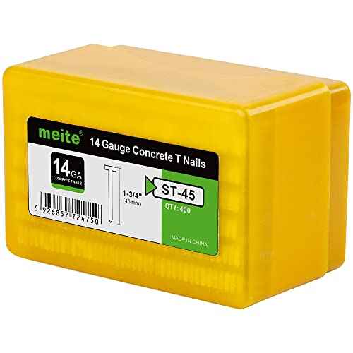meite 14 Gauge Concrete Nails 400PCS 1-3/4" Length Galvanized T Nails for Concrete Nailer, Rust-Proof Glue-Collated T-Nail for Pneumatic Nail Gun Furring Strips/Subflooring/Outdoors