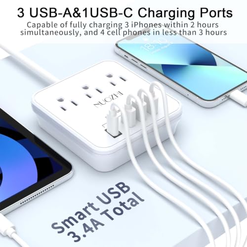 NUOZHI 6 Ft Power Strip with 3 Outlets & 4 USB Ports - White, Travel & Home Use