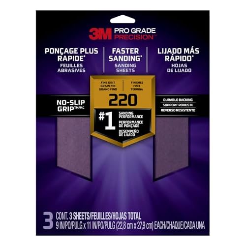 3M 25220P-G Pro Grade No-Slip Grip Advanced Sandpaper, 9-Inch x 11-Inch, 220 Grit, Pack of 3