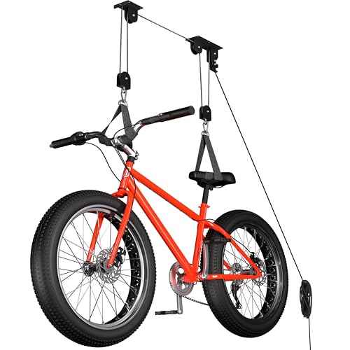 Bike Hoist, Heavy Duty Ebike Lift Pulley System for Garage Ceiling Overhead Storage for Bicycle, Ladders, Snowboard, Holds Up to 85 lbs Capacity, Fit 10-16 Foot High Ceilings