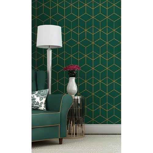 Safiyya Contact Paper Gold and Dark Green Wallpaper Peel and Stick Geometric Textured Wallpaper Self Adhesive Removable Wall Paper for Walls Vinyl Roll 78.7"x17.3"