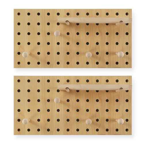 Beige Wood Pegboard Modular Display Wooden Pegboard Combination Wall Organizer Storage Wall Hooks Shelf for Home, Office, Bathroom, Comes with 2 Pieces Pegboards