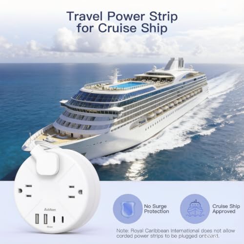 Addtam White Cruise-Approved Power Strip with 5ft Retractable Cord - Travel Essential