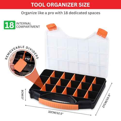 Andalus Tools Organizer Box, Small Parts Storage 18-Compartment Portable Hardware Organizer Removable Plastic Dividers for Screws, Nuts, Bolts, Nails ? Orange (2 Pack, 12.75" x 10" x 1.75")