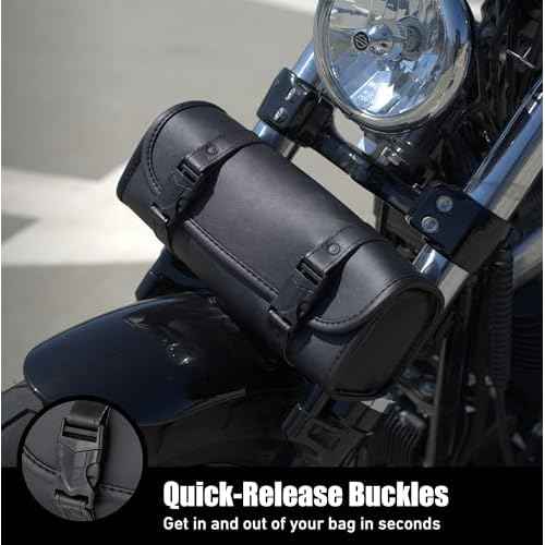 Nomad Motorcycle Tool Bag?Universal Handlebar Leather Pouch?Waterproof Cruiser Biker Roll Bag Front Fork or Saddlebag Storage (Black)