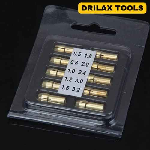 Drilax 10 Pcs Brass Collet Set Compatible with Dremel Rotary Tools | 0.5mm to 3.2mm (1/8") Bit Sizes | 5/32" Shank Compatible | Improved Precision Chuck