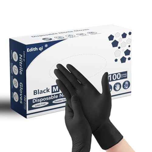 Edith qi Black Nitrile Disposable Gloves Pack of 100, Food Safe, Textured Fingertips, Powder Free Latex Free, Medical Exam Gloves, Medium