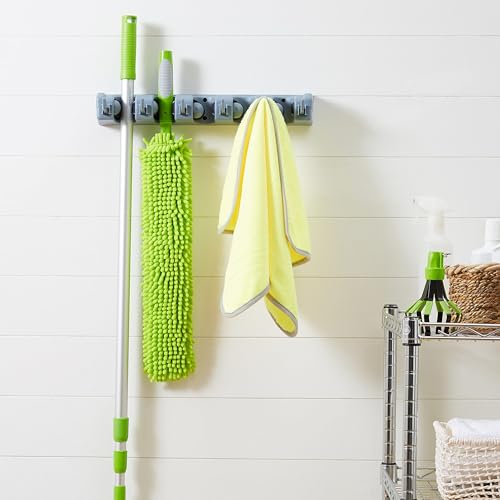 Amazon Basics Heavy Duty Wall Mount Broom and Mop Holder - 2.36 x 16.9 x 3.35 in, Gray, Tool Organizer with Hooks & Slots