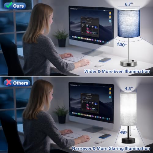 Fenmzee Touch Bedside Lamps Set of 2 - Blue-Silver, 17.6in Dimmable USB-C & AC Outlet