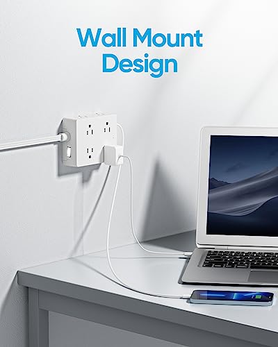 Olcorife 10 FT Flat Plug Power Strip with 8 Outlets & 4 USB Ports - White