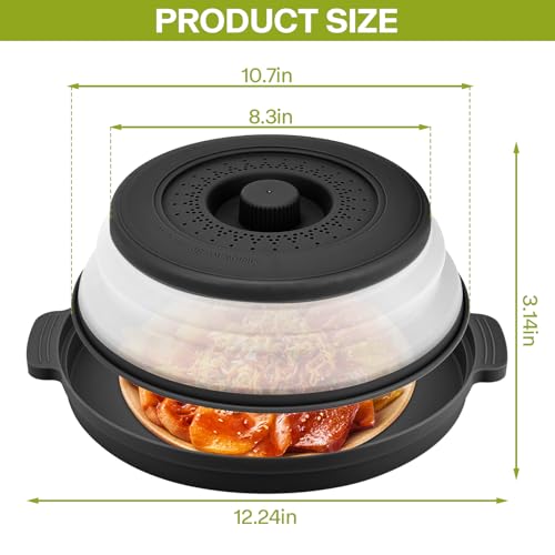 Saebume 10.7 Inch Microwave Splatter Cover with Anti-Scald Base Plate - Foldable BPA-Free Plastic & Silicone Lid (Black)