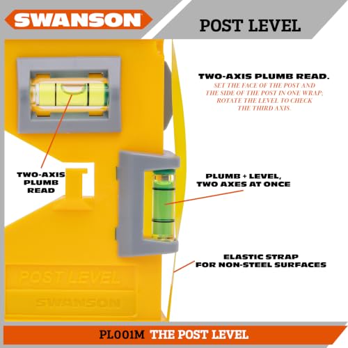 Swanson Yellow 8" Magnetic Post Level with Elastic Strap (PL001M) – Two-Axis Plumb