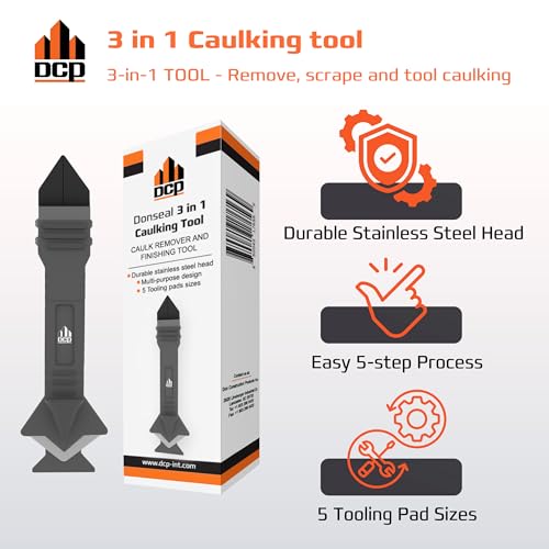 DCP Donseal 3 in 1 Caulking Tool Kit ? Silicone Caulking Tool for Removal, Scraping & Finishing ? Precise Caulk Remover & Applicator with 5 Tooling Pads ? Stainless Steel Caulk Scraper for Smooth Seal
