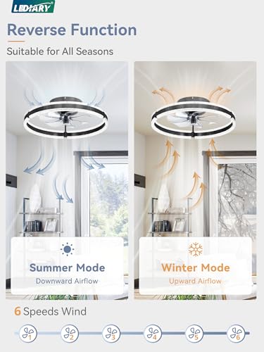 LEDIARY 20-Inch Black Ceiling Fan with Lights, Remote & 6 Speeds - Modern Flush Mount Fan for Bedroom