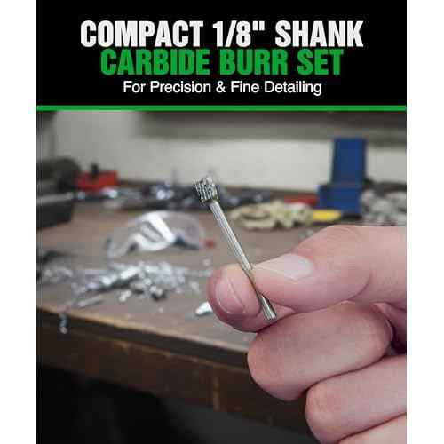 1/8" Carbide Burr Set ? 10 Pcs Double Cut Die Grinder Bits for Milling, Carving, Engraving, Drilling Wood & Metals ? YG-8x Carbide Drill Bit Set for Rotary Tools & Die Grinders