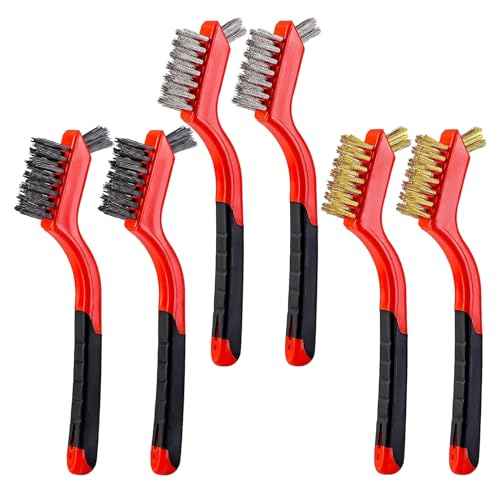 6Pcs Mini Wire Brush Set, Stainless Steel/Brass/Nylon Bristles Wire Brushes, Curved Handle Soft Grip for Rust, Dirt & Paint Scrubbing with Deep Cleaning ? 7 Inches (Red)