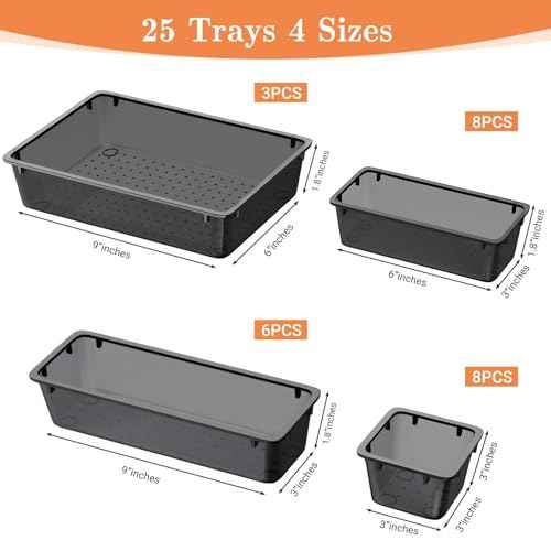 25 PCS Plastic Drawer Organizer Set, 4-Size Versatile Organizer Trays & storage Bins for Makeup, Jewelry, and Gadgets in Bathroom, Bedroom and Office,Clear Black
