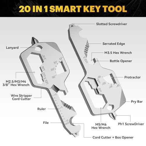 Key Shaped Pocket MultiTool 20-in1 Multi Tool, Stainless Steel Keychain Utility Gadget,Gift for Men, Women, Father,Groomsmen, Valentine's, Birthday, Christmas (Silver)