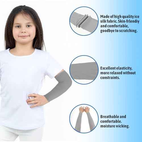 3 Pairs Kids Arm Sleeves, UV Sun Protection Arm Sleeves for Men Women Upf 50 Compression Cooling Sleeves Outdoor Sport Breathable Elastic Ice Sleeve for Youth Boys Girls Sports (Black White Grey)