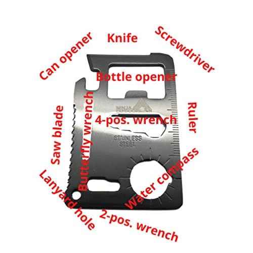 Ninja Outdoorsman 11 in 1 Stainless Steel Credit Card Pocket Sized Survival Multi-Functional Gadget Tool - Great Gift or Stocking Stuffer for Camping, Hiking or Emergency (Single, Silver)