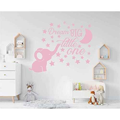 Dream Big Little One Lovely Elephant and Moon Stars Wall Decor Stickers for Kids Room Baby Girl Decals BA048 (Light Pink)
