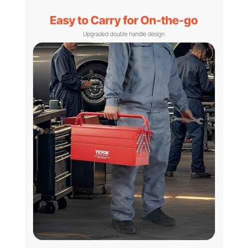 VEVOR Metal Tool Box, 18-inch, 3-Tier 5-Tray Portable Folding Tool Chest Organizer with Handle & Lock Hole, Powder Coated Steel, Cantilever Toolbox for Household Factory Warehouse Repair Shop, Red