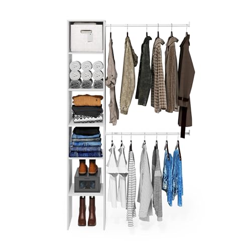 Furinno FANO White 5-Tier Closet Organizer with 2 Hanging Bars, Adjustable Shelves