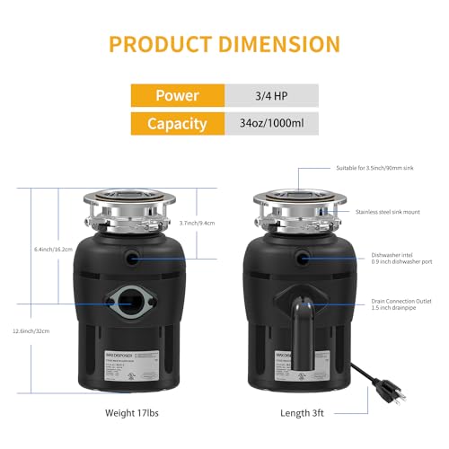 MAX DISPOSER 3/4 HP Quiet Garbage Disposal with Power Cord - Easy Install, Stainless Steel Grind, Continuous Feed