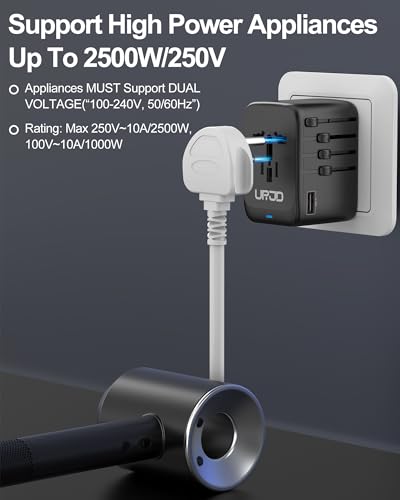 URJD 100W GaN Travel Adapter with 5 USB Ports & 2500W Outlet - Black & White